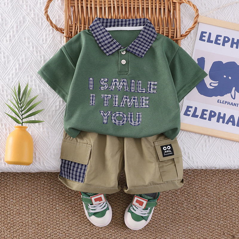 Boys' Summer Outfit 2026 New Style 1-2-3 Years Old, Stylish Plaid Patchwork Short Sleeve and Shorts Two-Piece Set for 4-Year-Olds