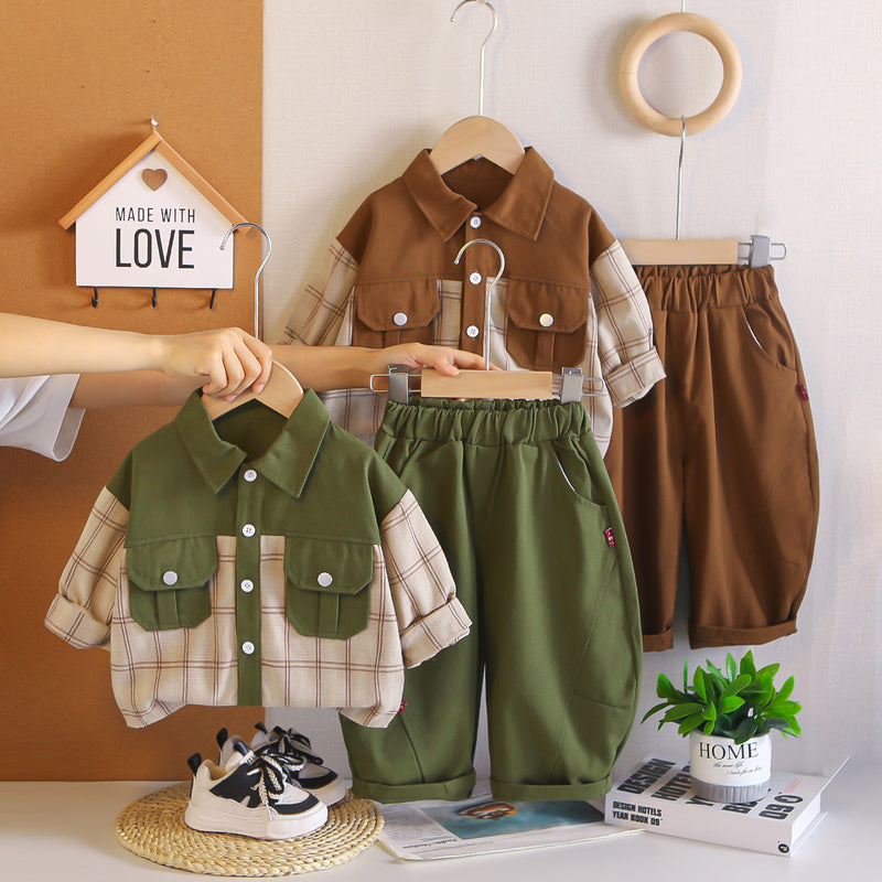 Boys' Outfit 2026 New Style Baby Spring-Autumn Workwear Color-Block Shirt Two-Piece Set Children's Trendy Autumn Clothes