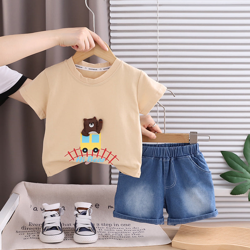 Baby Boy Train Bear Two-Piece Set 2026 New Summer Infant Short Sleeve Outfit 1-3 Years Old