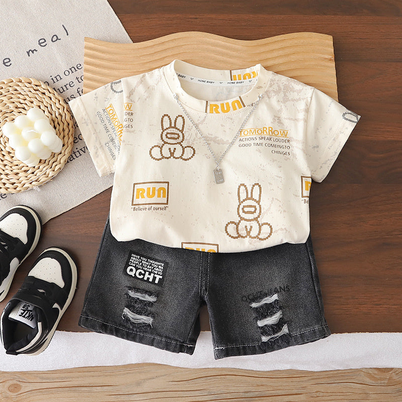 Boys' 2026 New Fashionable Children's Summer Outfit with Letter and Rabbit Print Short-Sleeve Two-Piece Set