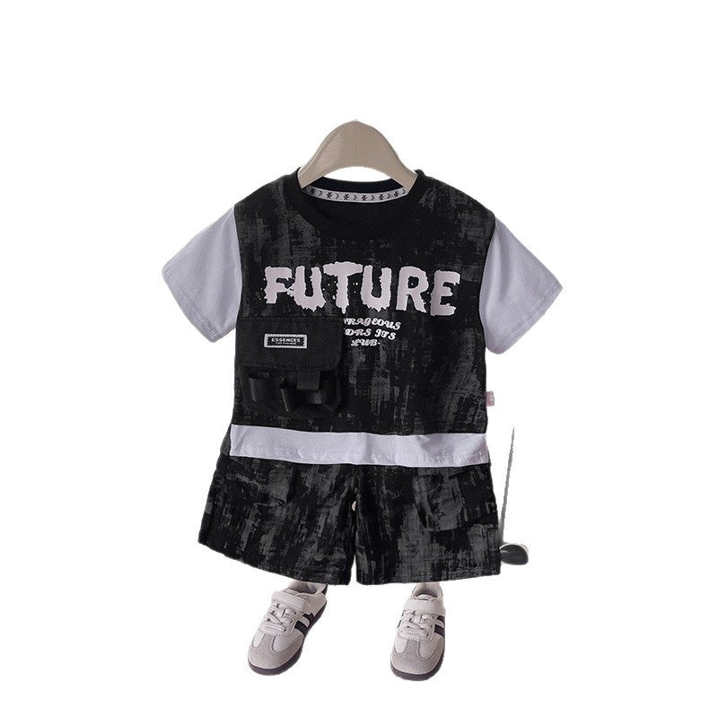 Baby clothes summer children's two-piece outfit stylish camouflage pocket cargo short-sleeve set for one-year-old boy
