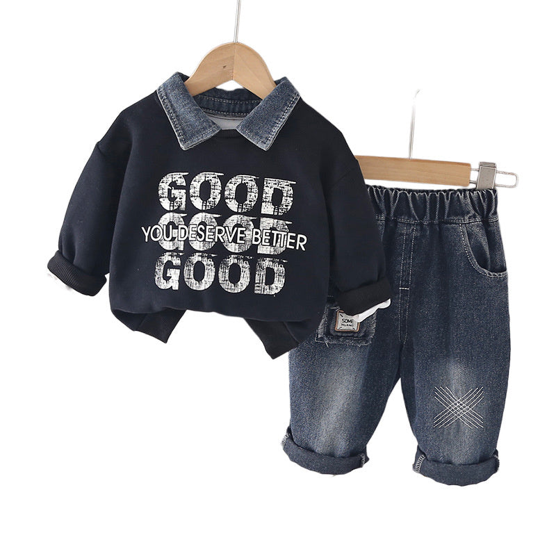 Boys' fashion stylish letter sweatshirt two-piece set, baby spring cool toddler clothes, infant children's trendy outfit