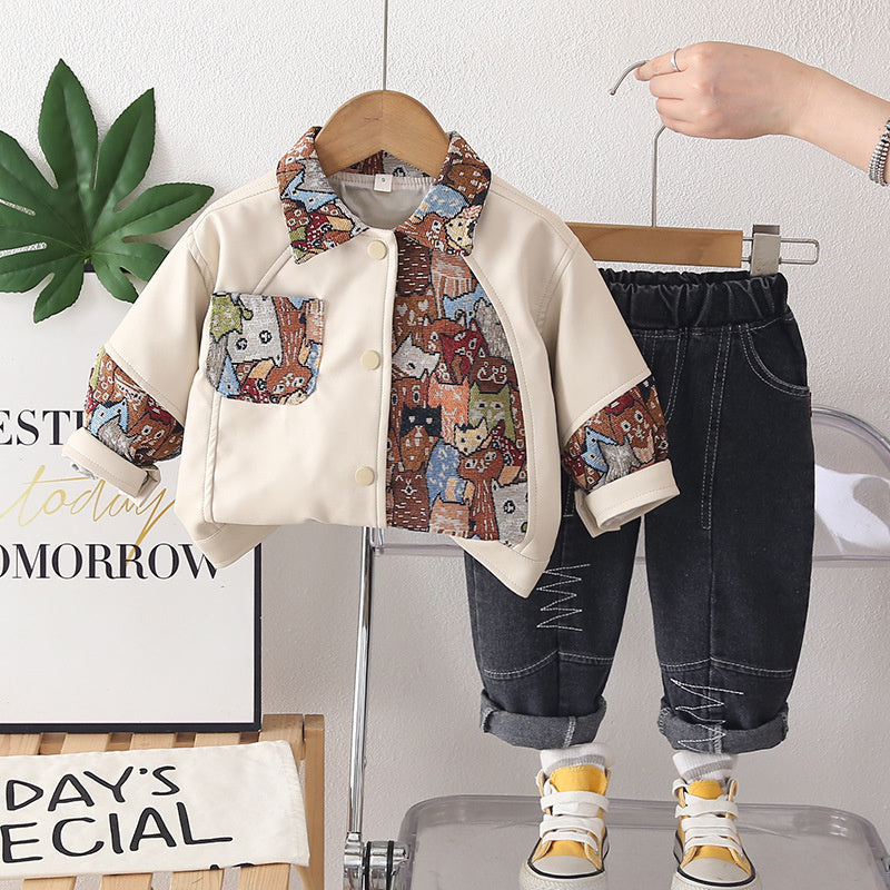 Boys' Casual Outfit 2026 New Spring and Autumn Baby Children's Patchwork Cartoon Leather Jacket Two-Piece Set Trendy
