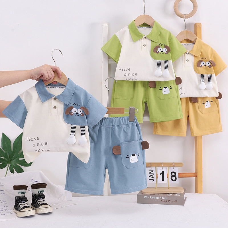 Boys' Suit 2026 New Style Color-Block Animal Placket Two-Piece Set Infant Short-Sleeve Baby Summer Clothes