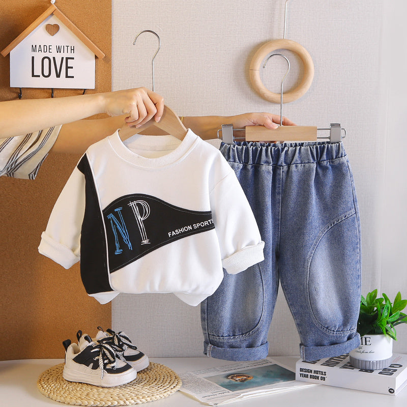 Boys' Outfit 2026 New Trendy Casual Patchwork Sports Two-Piece Set Children, Spring and Autumn Fashion for Toddlers