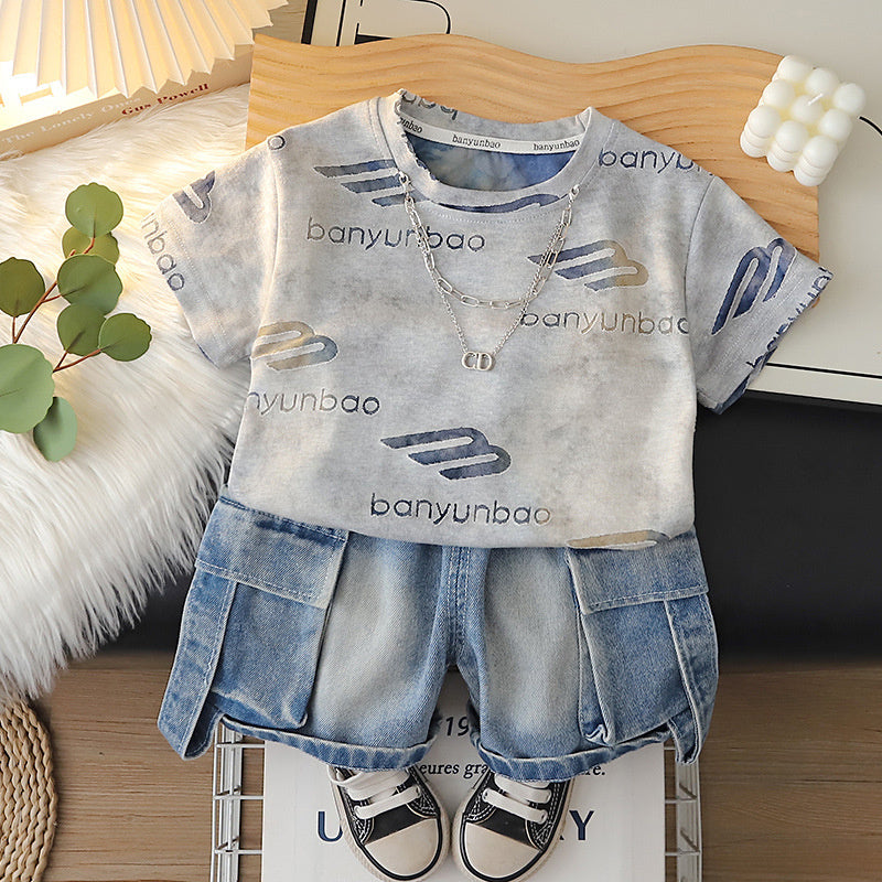 Baby Boy Outfit 2026 New Children's Clothing Boys' Summer Short-Sleeve Letter Print Two-Piece Set Trendy
