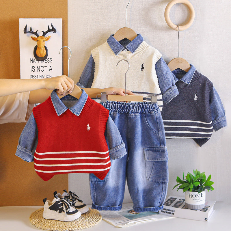Boys' Autumn Outfit Set Spring/Autumn 2026 New Fashionable Embroidered Sweater and Pants for 1-2 Year Old Baby Boys
