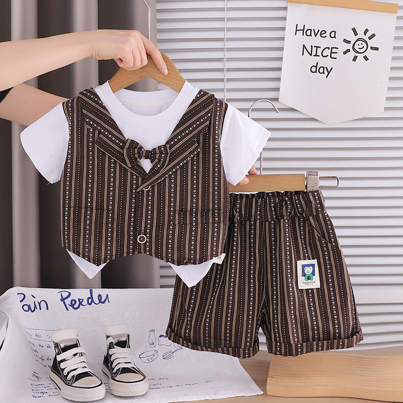 Boys' Summer Stylish Vertical Stripe Fake Three-Piece Short Sleeve Set 2026 New Trendy Thin Baby Clothes for Children