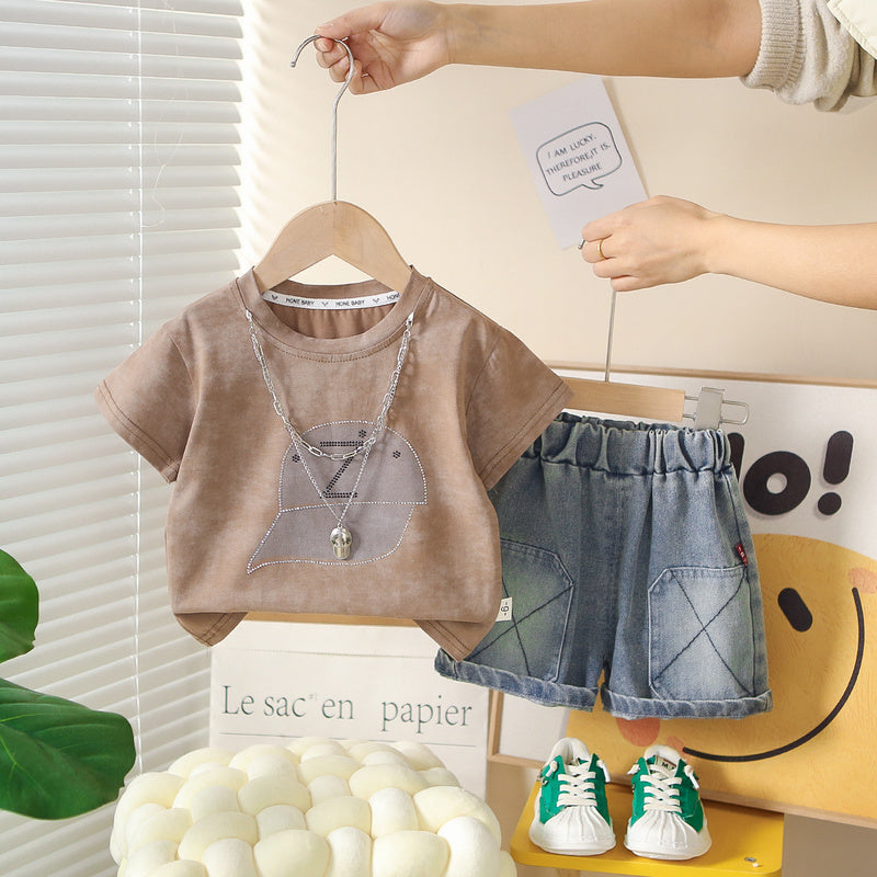Boys' Outfit 2026 New Style Hat Short Sleeve Stylish Toddler Summer Clothes Round Neck Two-Piece Set Baby Trendy