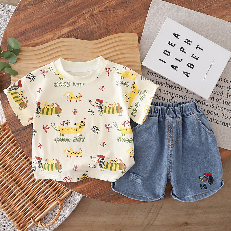 Boys' Summer Outfit: Children's Short-Sleeve Shirt with Dog Print and Denim Shorts Two-Piece Set for 1-3 Year Old Boys