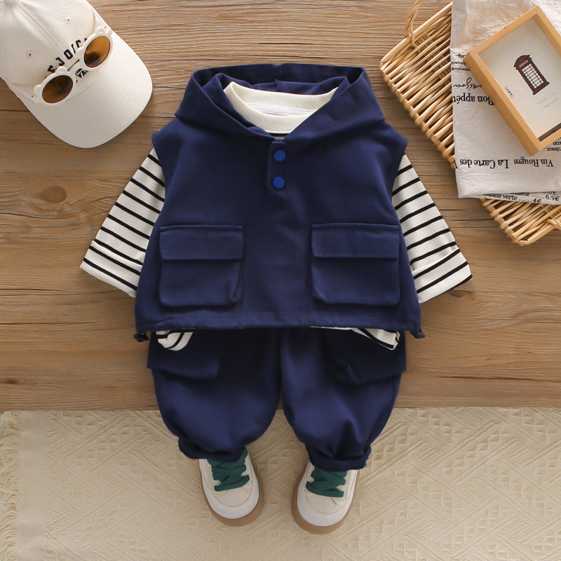 Children's Spring and Autumn 2025 New Stylish Boys' 0-5 Years Old Hooded Striped Workwear Vest Three-Piece Set