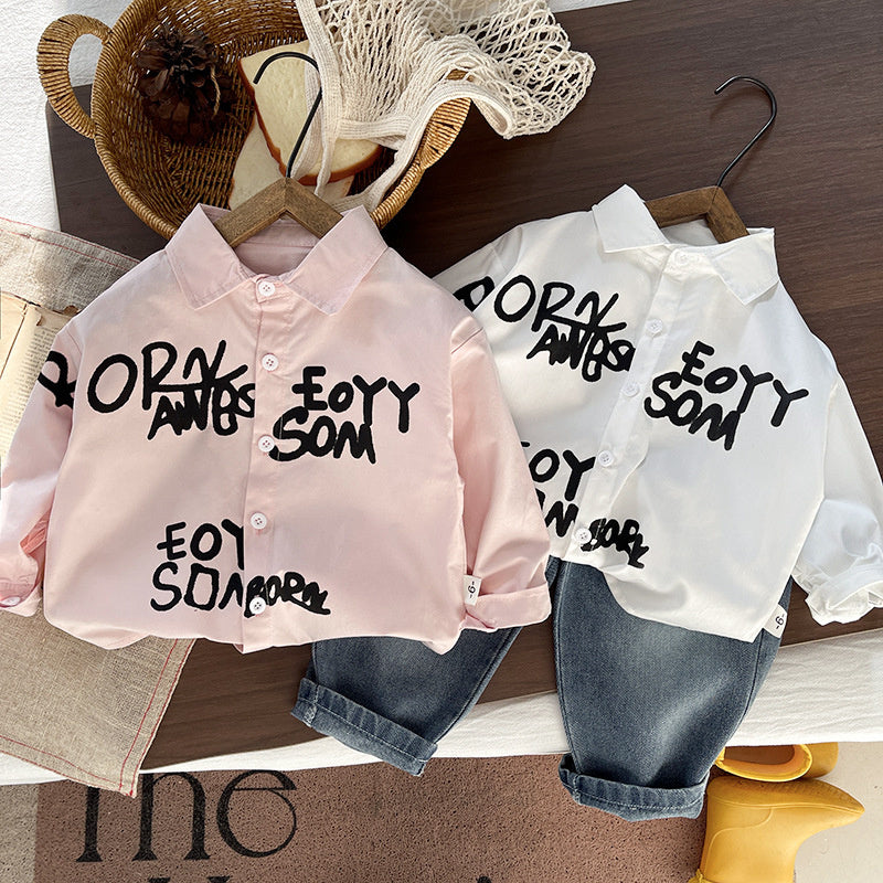 Boys' Outfit: Letter Print Shirt Set, Casual Trendy, Long Sleeve Two-Piece Set for Babies Toddlers in Spring and Autumn
