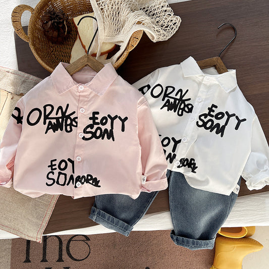 Boys' Outfit: Letter Print Shirt Set, Casual Trendy, Long Sleeve Two-Piece Set for Babies Toddlers in Spring and Autumn