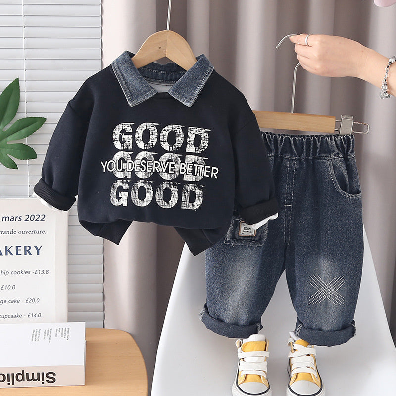 Boys' fashion stylish letter sweatshirt two-piece set, baby spring cool toddler clothes, infant children's trendy outfit