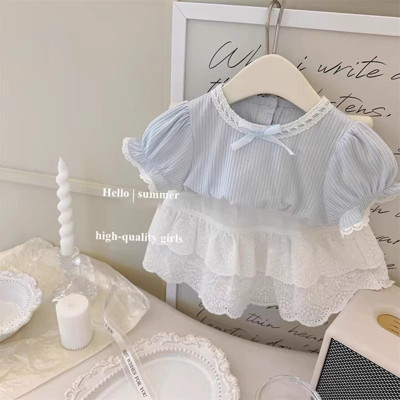 Girls' 2026 Summer New Cream Blue Top Short Sleeve Ballet Lace Skirt Baby Girl Korean Style Outfit