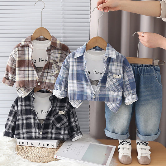 Boys' stylish casual outfit with pocket label shirt three-piece set, Korean-style children's clothing, baby spring and autumn long-sleeve