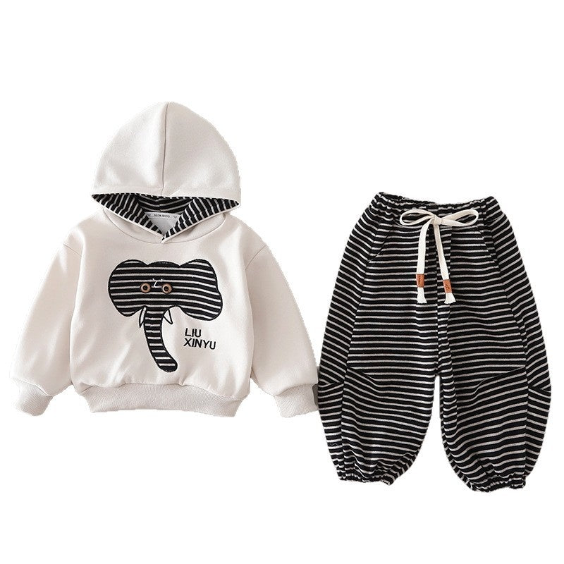 Boys' Spring and Autumn Outfit 2026 New Fashionable 3-Piece Set Children, Long-Sleeve Elephant Hoodie Two-Piece Set, Baby Clothes for 1-Year-Old Boys