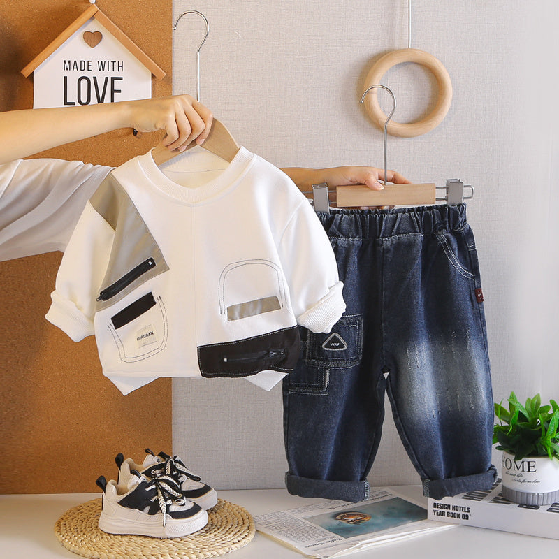 Boys' Round Neck Shirt 2026 New Fashionable Children's Spring and Autumn Fake Pocket Sweatshirt Two-Piece Set