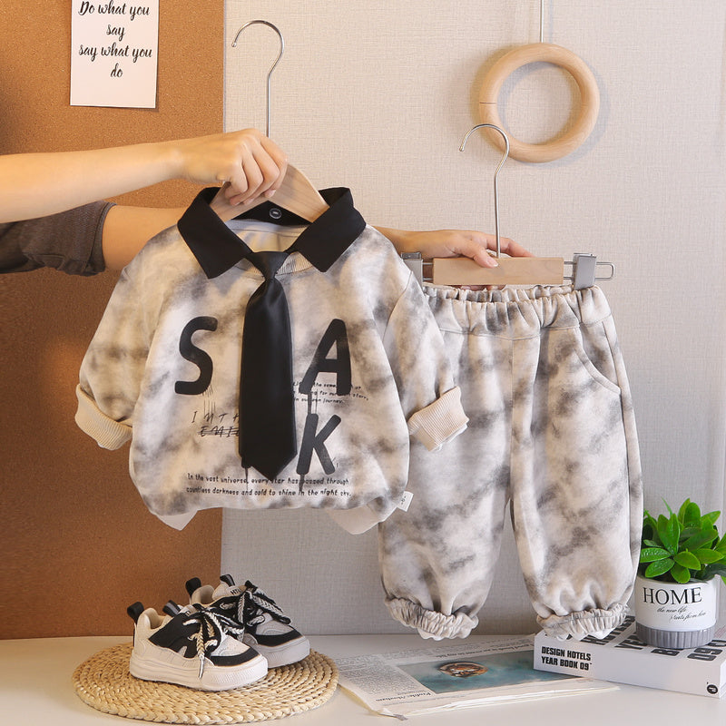 Boys' Outfit Infants Children, New Spring Autumn Style, Stylish Korean Version with Tie and Tie-Dye Long Sleeve Two-Piece Set for Boys