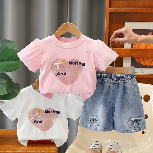 Girls' Heart-Shaped Short Sleeve Set 2026 New Fashionable Baby Girl Clothes Casual Children's Summer Outfit