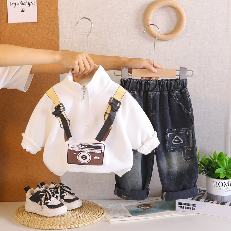 2026 New Spring Autumn Outfit Baby Boys, Cartoon Camera Sweatshirt Set, Stylish Long-Sleeve Two-Piece Set for Infants and Children