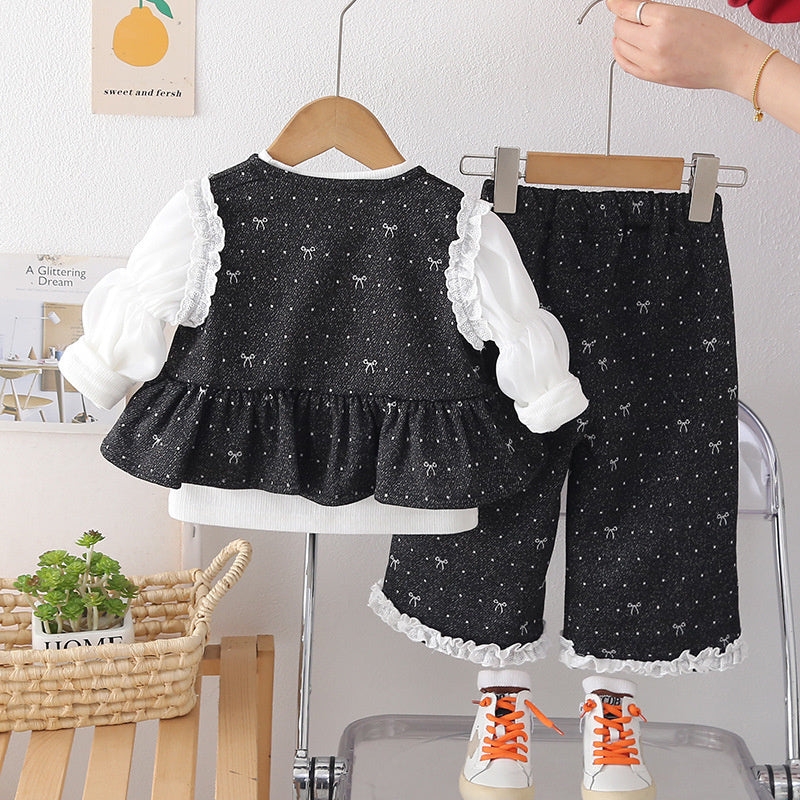 Girls' Outfit Set: Stylish Baby Girl Spring and Autumn Bow Vest Long Sleeve Three-Piece Set Infant Children's Clothing