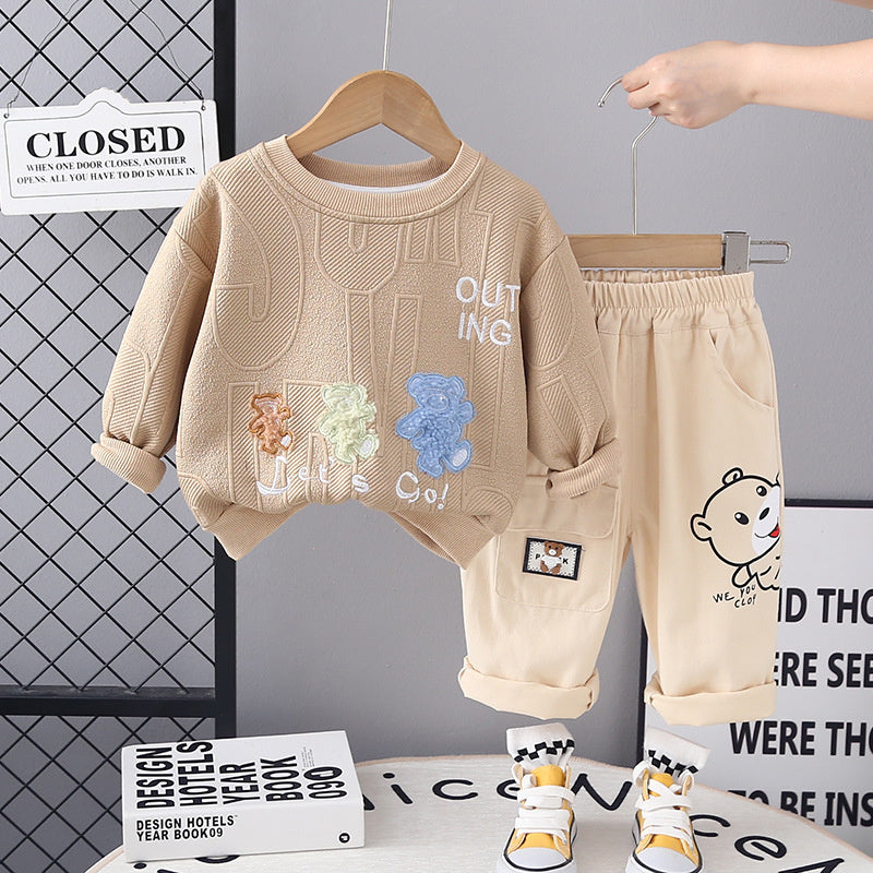 Infant Spring and Autumn Round Neck Children's Clothing Boys New Long Sleeve Three Bears Sweatshirt Two-Piece Set One Piece Dropshipping