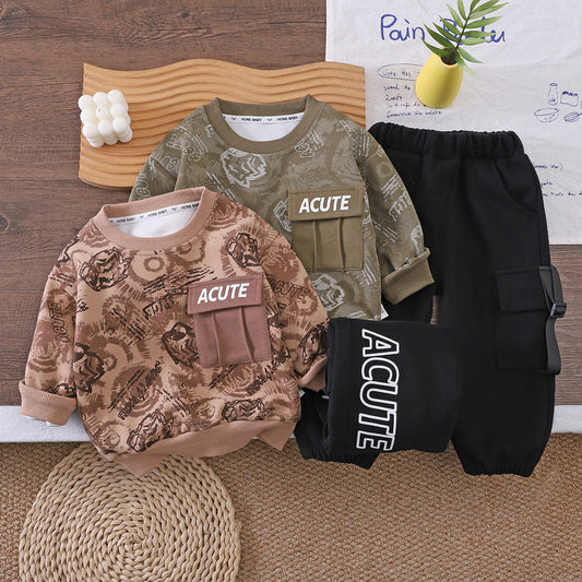 Boys' Outfit Spring and Autumn 2026 New Fashionable Children's Set, Toddler Baby Full-Print Long-Sleeve Sweatshirt Two-Piece Set Trendy