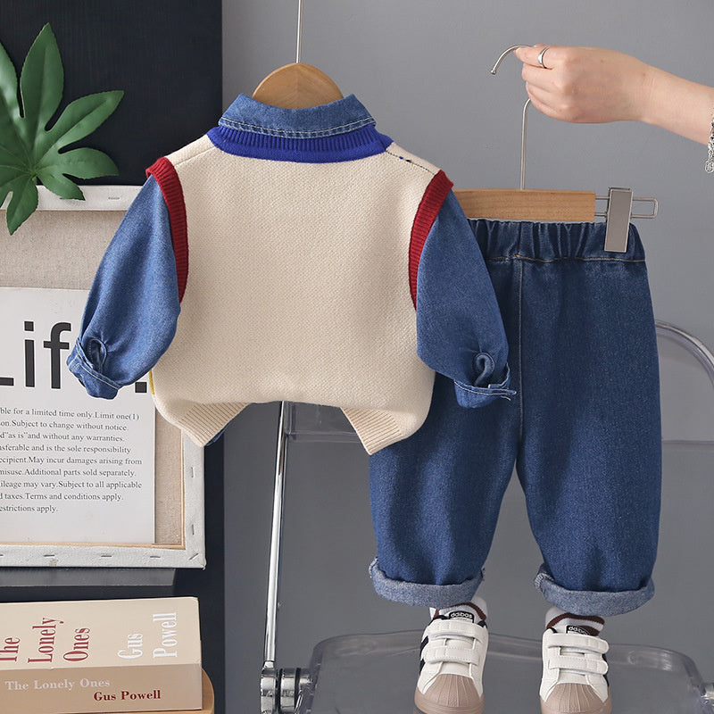 Boys' Autumn Outfit 2026 New Fashionable Spring-Autumn Children's Sweater Three-Piece Set Baby Clothes Wholesale