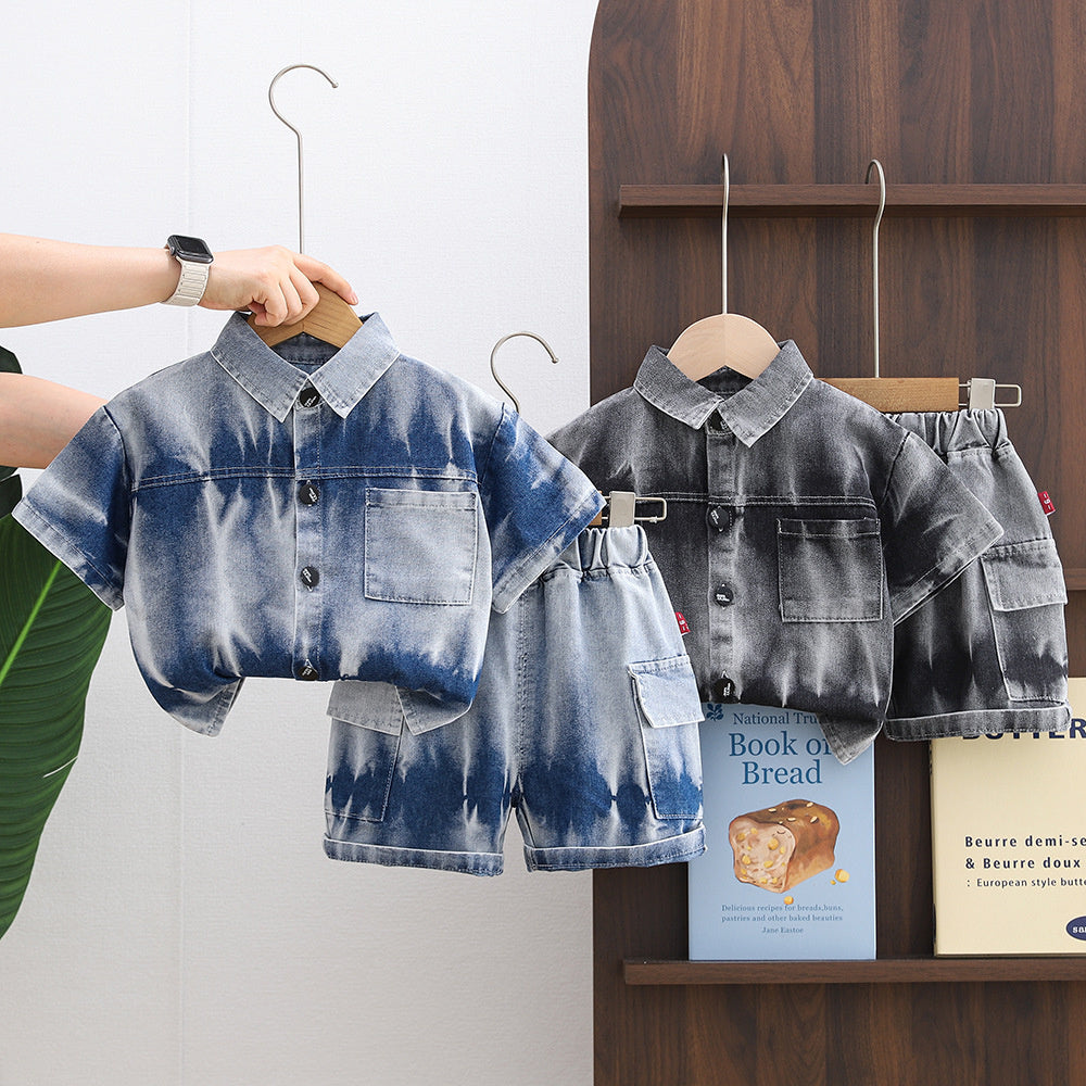 Boys' Outfit: Short-Sleeve Tie-Dye Denim Shirt Two-Piece Set, 2026 New Fashionable Thin Summer Style for Babies