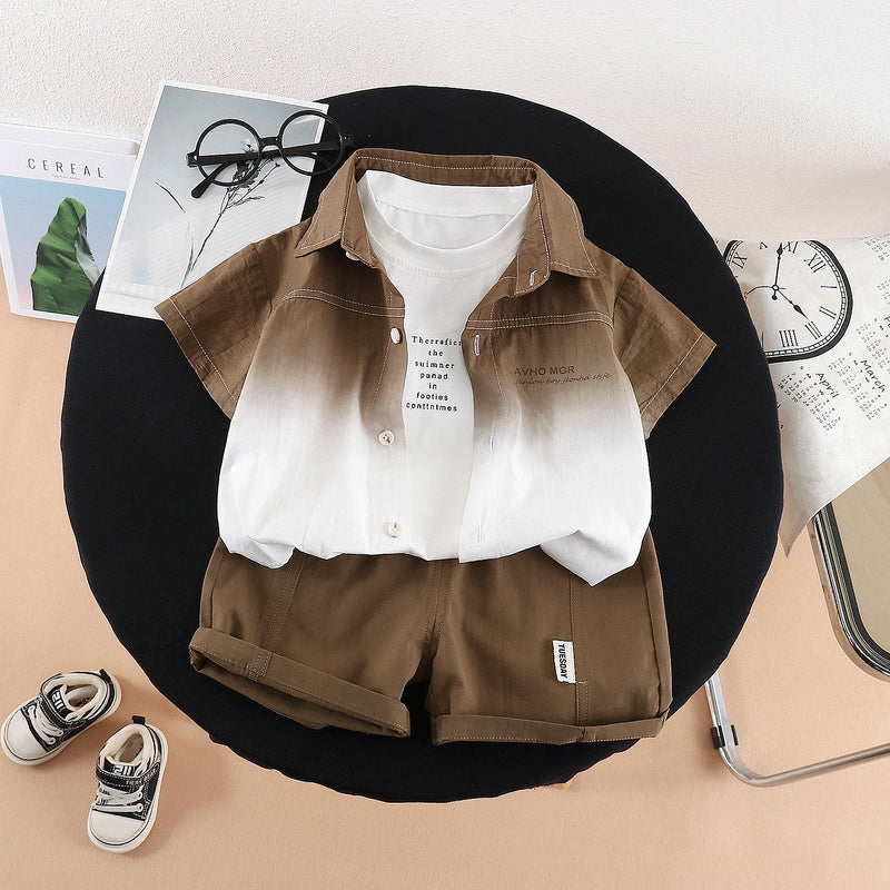 Boys Outfit 2026 New Gradient Color Short Sleeve Korean Style Baby Summer Thin Three-Piece Set Trendy