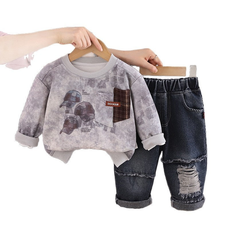 Boys' Spring Autumn Outfit 2026 New Fashionable Children's Hat and Sweatshirt Korean Style Casual Jeans Two-Piece Set Trendy