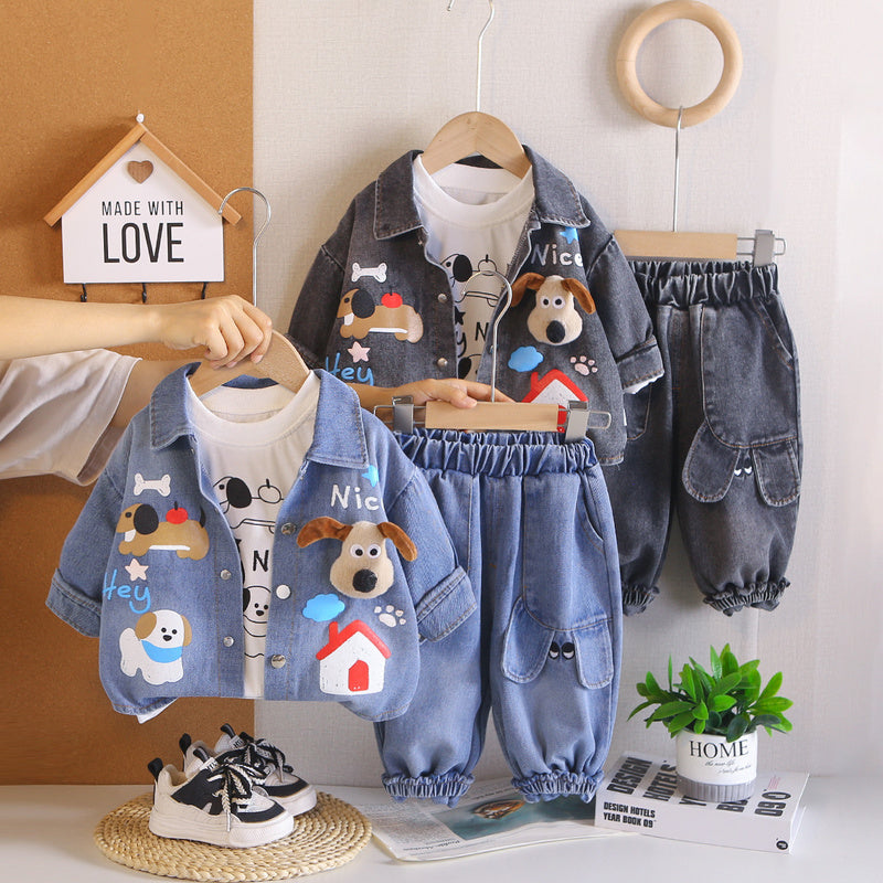 Boys' Spring and Outfit 2026 New Fashionable Children's Three-Piece Set with 3D Puppy Denim Design for Babies, Autumn Trend Wholesale