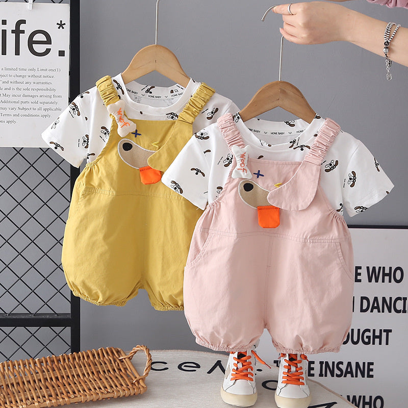 Girls' Outfit 2026 New Cute Baby Summer Clothes Stylish Puppy Overalls Short Sleeve Two-Piece Set