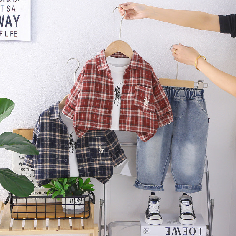 Korean-style clothing, children's outfit, boys' clothes, 2026 new model, baby boy's spring and autumn plaid shirt set, trendy