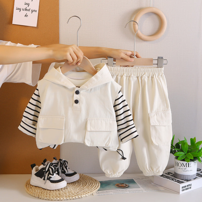 Children's Spring and Autumn 2025 New Stylish Boys' 0-5 Years Old Hooded Striped Workwear Vest Three-Piece Set