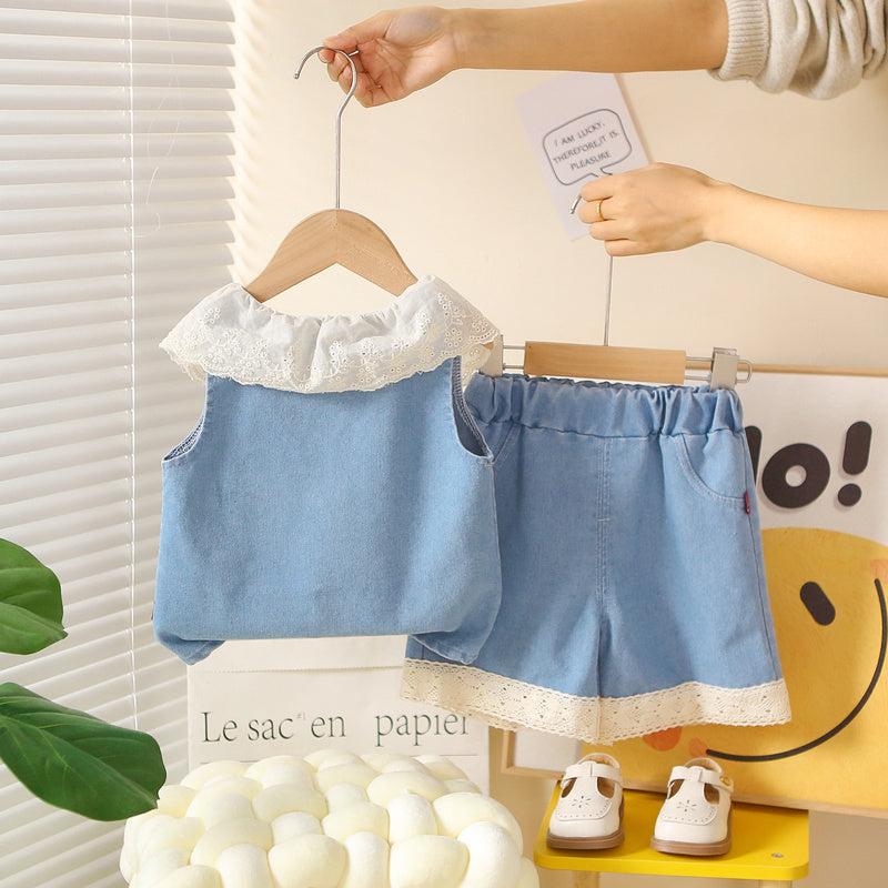 Baby Girl Outfit 2026 New Fashionable Children's Clothing Doll Collar Sleeveless Denim Two-Piece Set for Summer