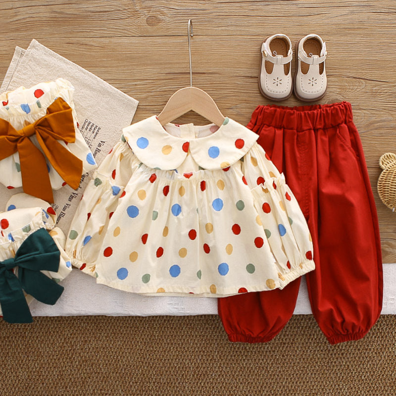 Girls' 2026 New Spring and Autumn Outfit, Stylish Children's Colorful Polka Dot Doll Shirt, Casual Two-Piece Set for Baby Girls