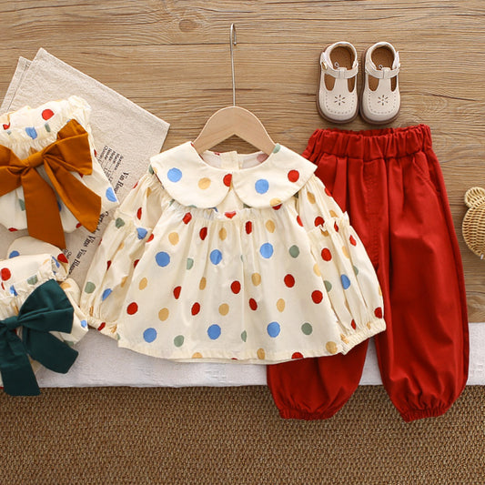 Girls' 2026 New Spring and Autumn Outfit, Stylish Children's Colorful Polka Dot Doll Shirt, Casual Two-Piece Set for Baby Girls