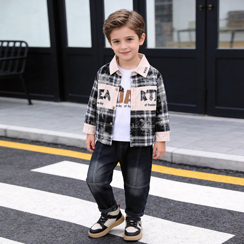 Boys' Spring and Autumn Letter Color-Block Shirt New Style Children's Long-Sleeve Baby Outfit Fashionable Three-Piece Set Trendy