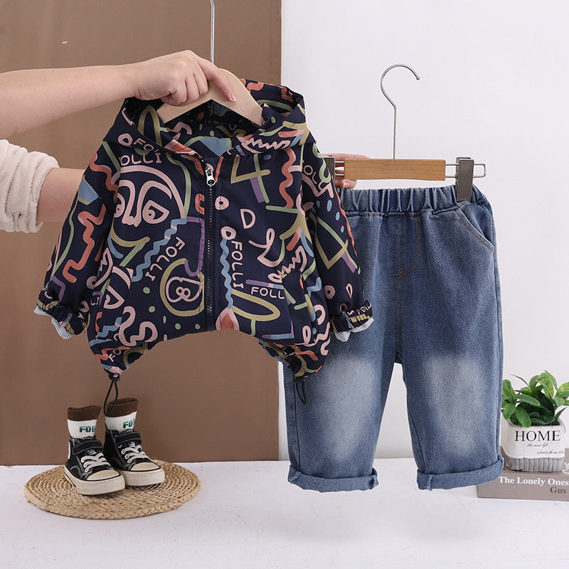Boys' Outfit for Spring and Autumn 2026 New Graffiti Line Jacket, Long Sleeve Baby Korean Style Two-Piece Set Trendy