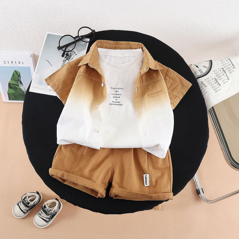 Boys Outfit 2026 New Gradient Color Short Sleeve Korean Style Baby Summer Thin Three-Piece Set Trendy