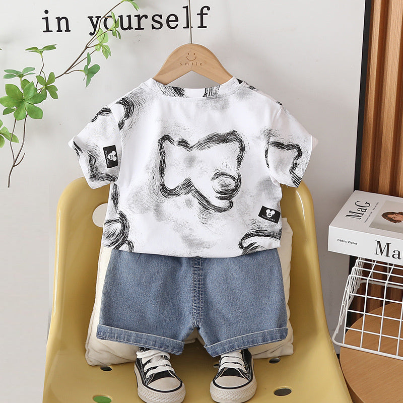 Boys' Outfit 2026 New Style Children's Thin Graffiti Short Sleeve Shorts Two-Piece Set Trendy Baby Summer Fashion
