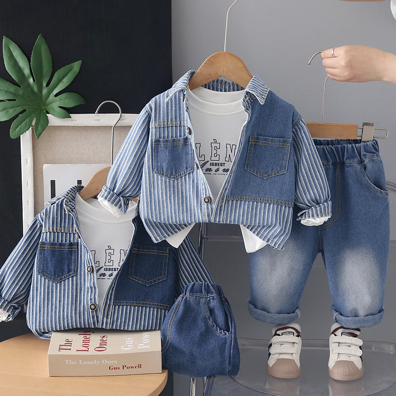 Boys' Spring Denim Vertical Stripe Patchwork Jacket 2026 Autumn New Korean Style Cool and Stylish Baby Boy Three-Piece Set