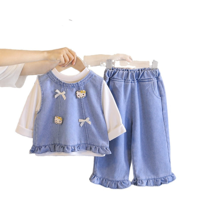 Girls' Outfit and Autumn 2026 New Fashionable Children's Cat Denim Vest Three-Piece Set Baby Spring Clothes