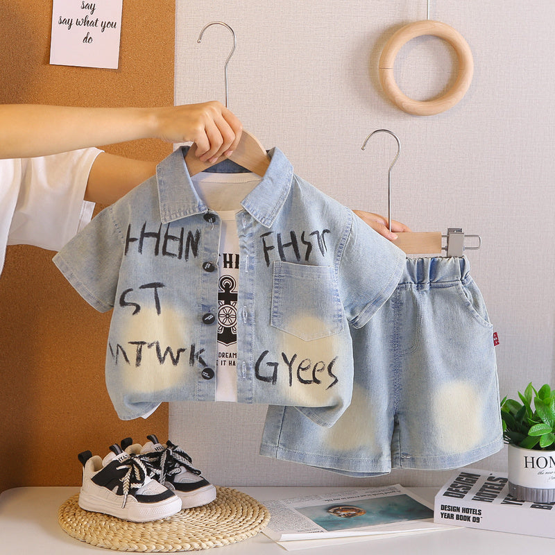 Boys' Summer Outfit 2026 New Children's Letter Print Denim Short Sleeve Shorts Baby Thin Clothing Three-Piece Set