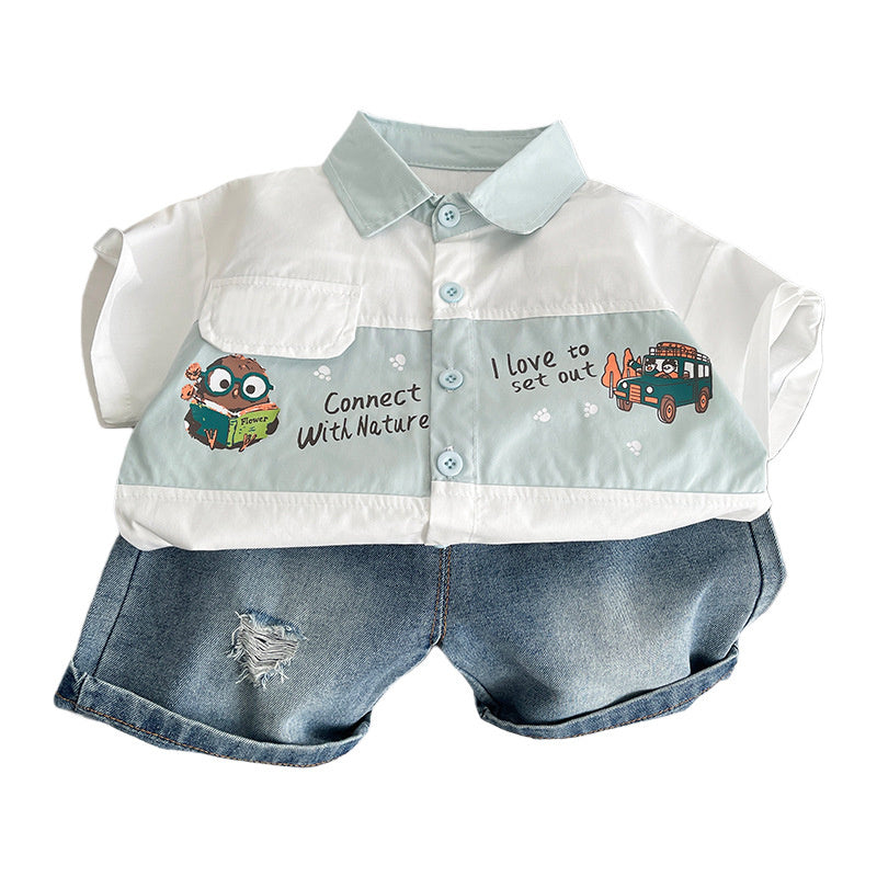 Boys' Summer Outfit 2026 New Fashionable Printed Cartoon Short-Sleeve Shirt Shorts Two-Piece Set for Infants and Children