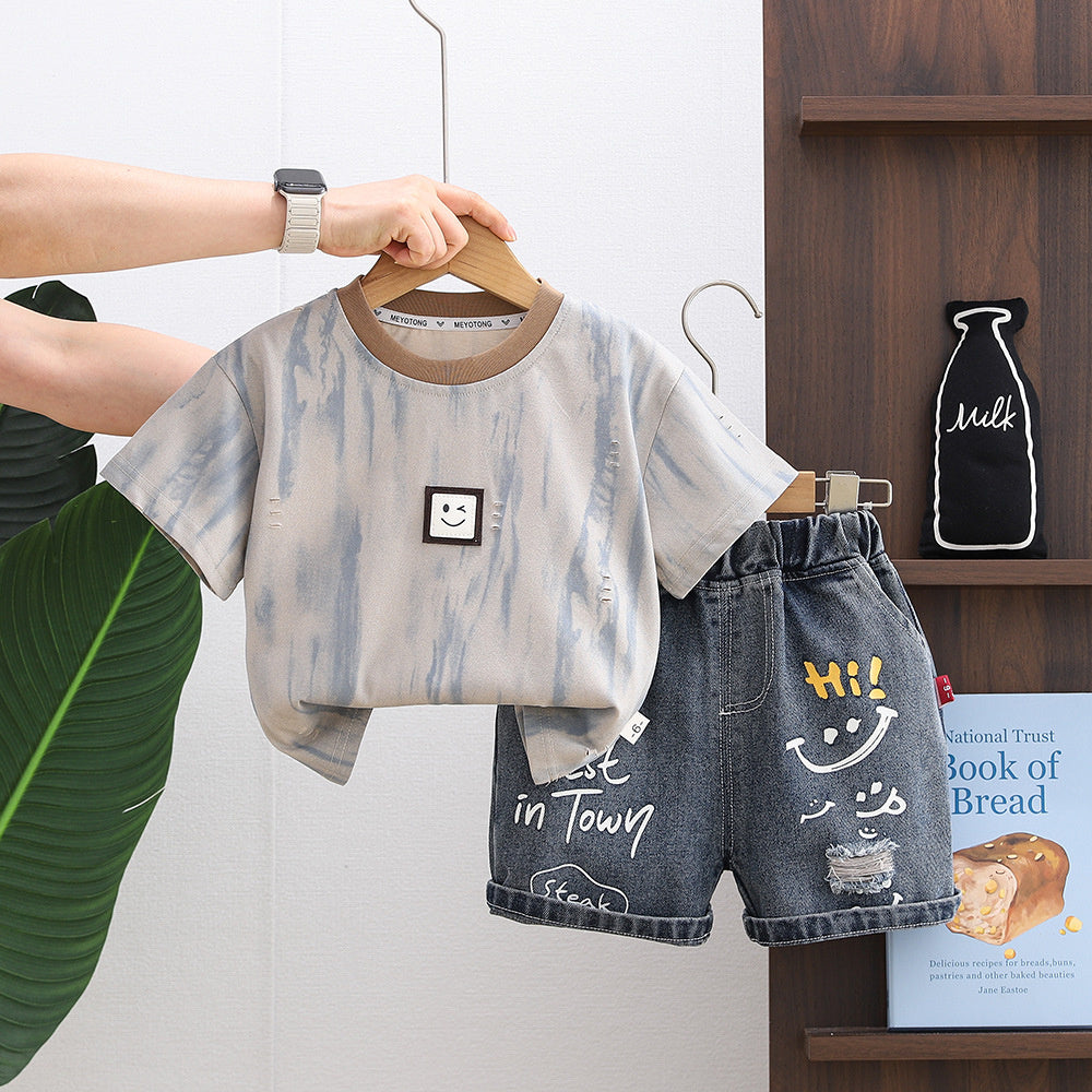 Baby Outfit Set 2026 New Style Boys' Ripped Smiley Face Short Sleeve Shorts Infant Children's Clothing Toddler Summer Fashion