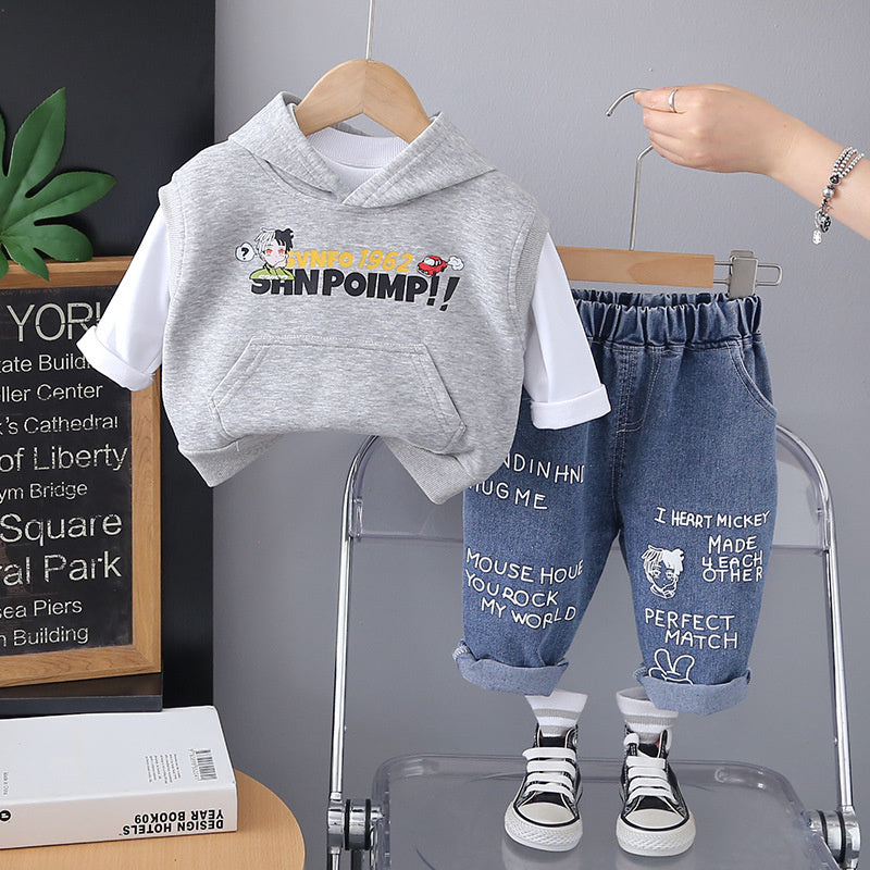 Boys' Outfit 2025 New Children's Hooded Vest Three-Piece Set for 1 to 4 Year Old Baby Boys Spring and Autumn