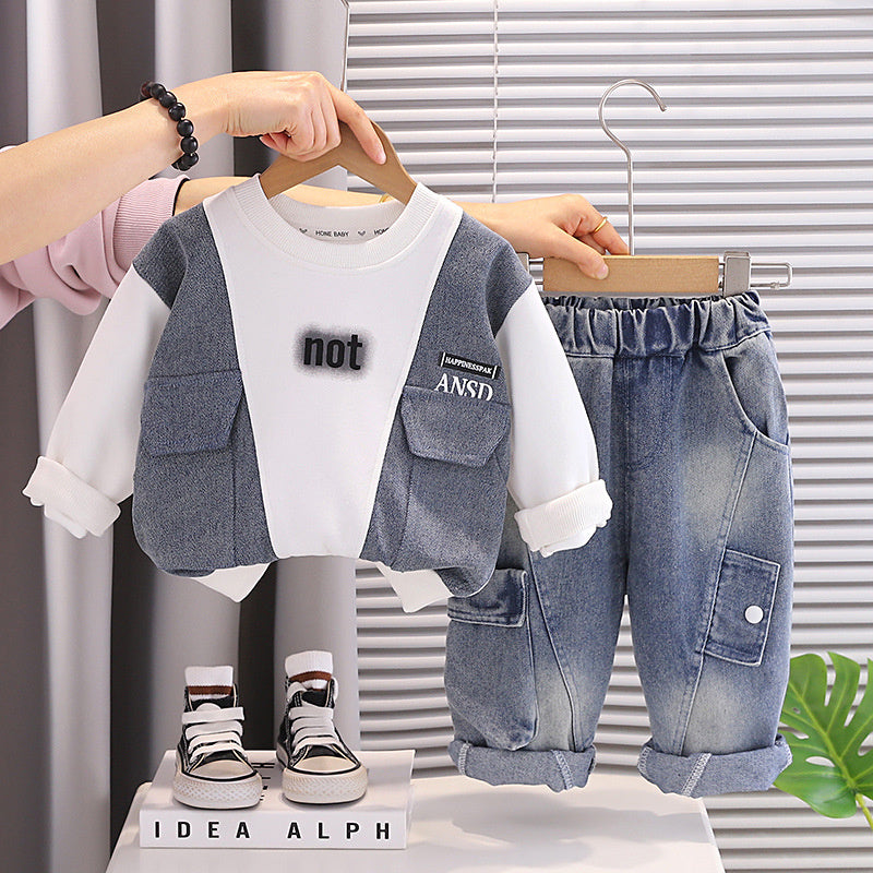 Outfit Set 2026 New Baby Children's Spring and Autumn Denim Patchwork Sweatshirt Two-Piece Boys' Round Neck Clothes